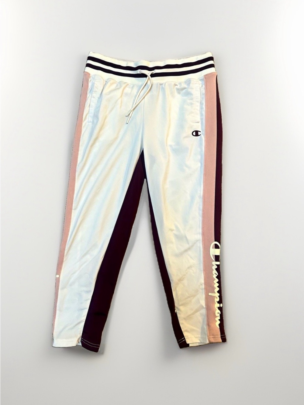 Champion Women L Colorblock Track Pants Logo White/Pink/Burgundy Stripe Pockets